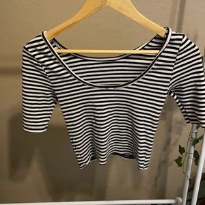 1 small black and white striped crew neck crop top, size small